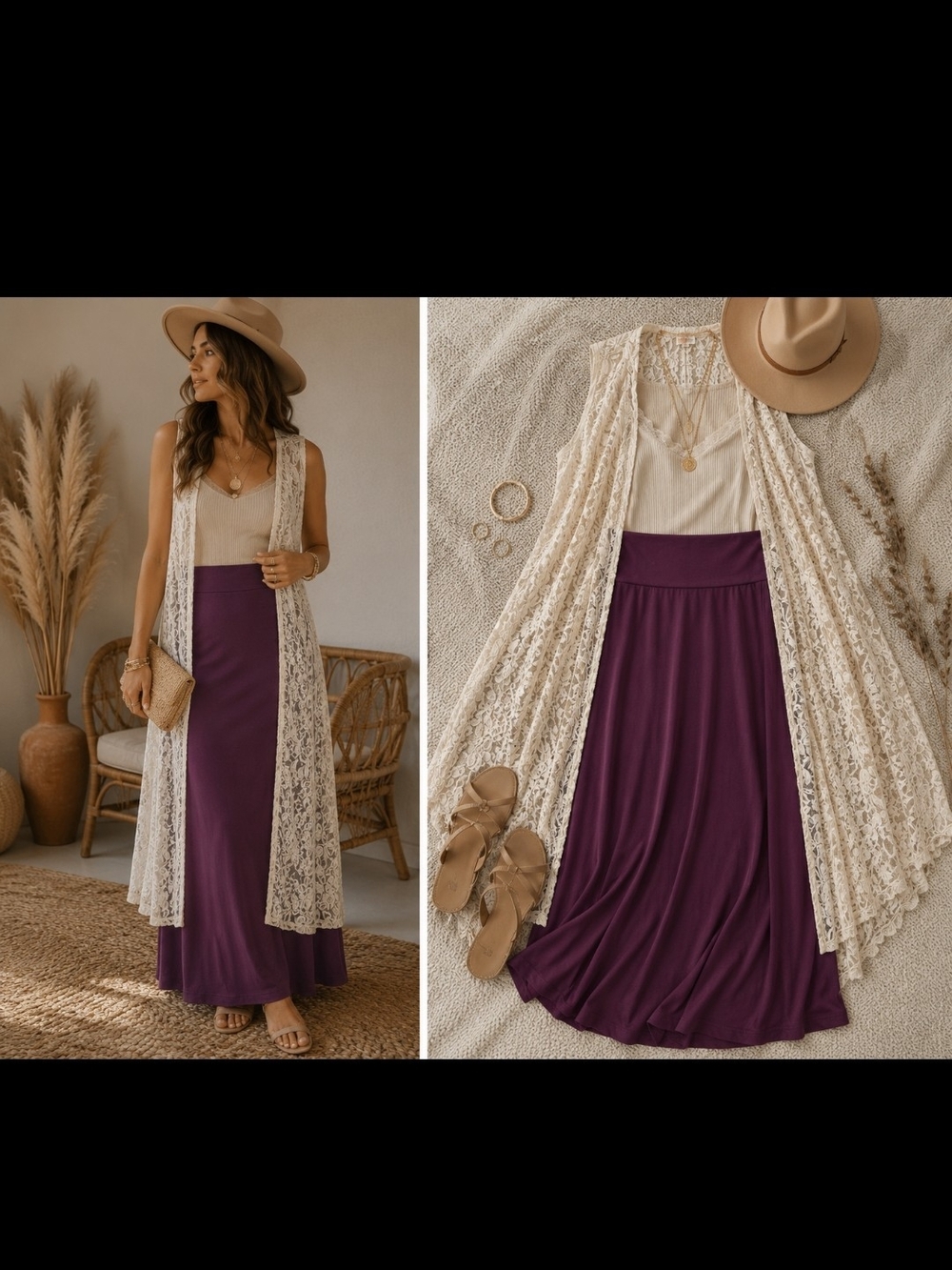 Boho Outfit! Brand New W/ Tags! Lace Duster Vest, Plum Maxi Skirt BEAUTIFUL! MED
